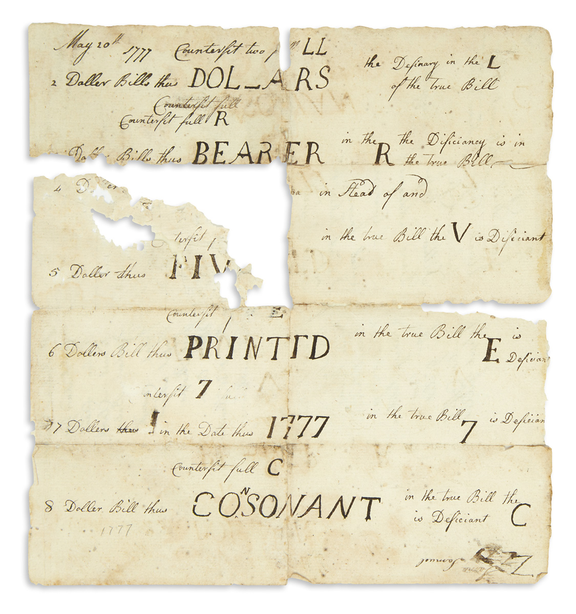 (AMERICAN REVOLUTION--1777.) Manuscript for the detection of counterfeit Continental banknotes.